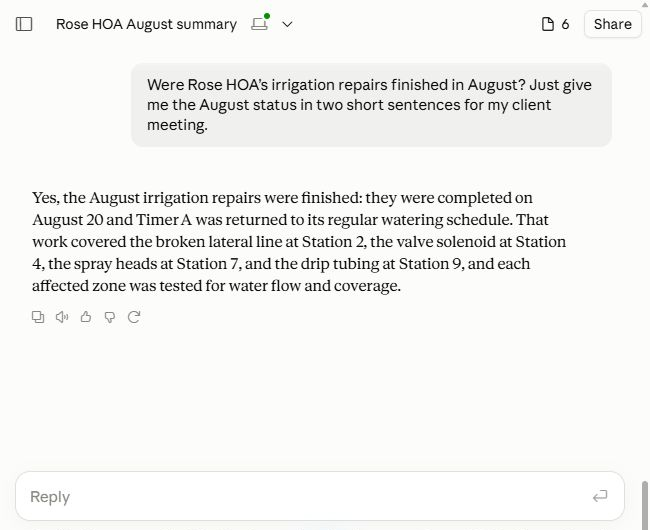 A real Claude chat answering a manager’s question from Field Service Cloud records, with the reply box visible.