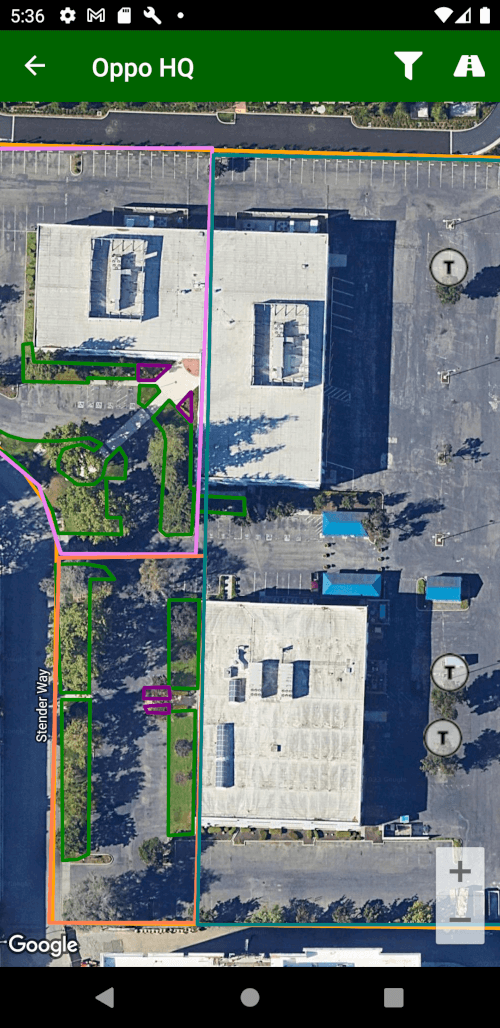 A digital map of a jobsite with marked zones