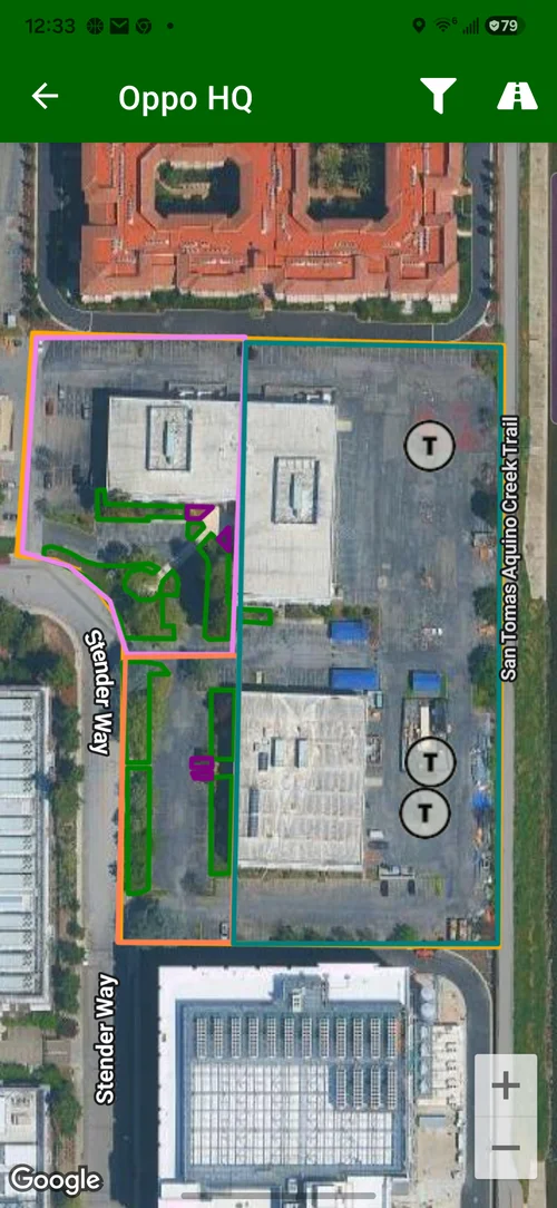 Field Assistant Oppo HQ jobsite map with service zones, commercial property context, and all filters visible.