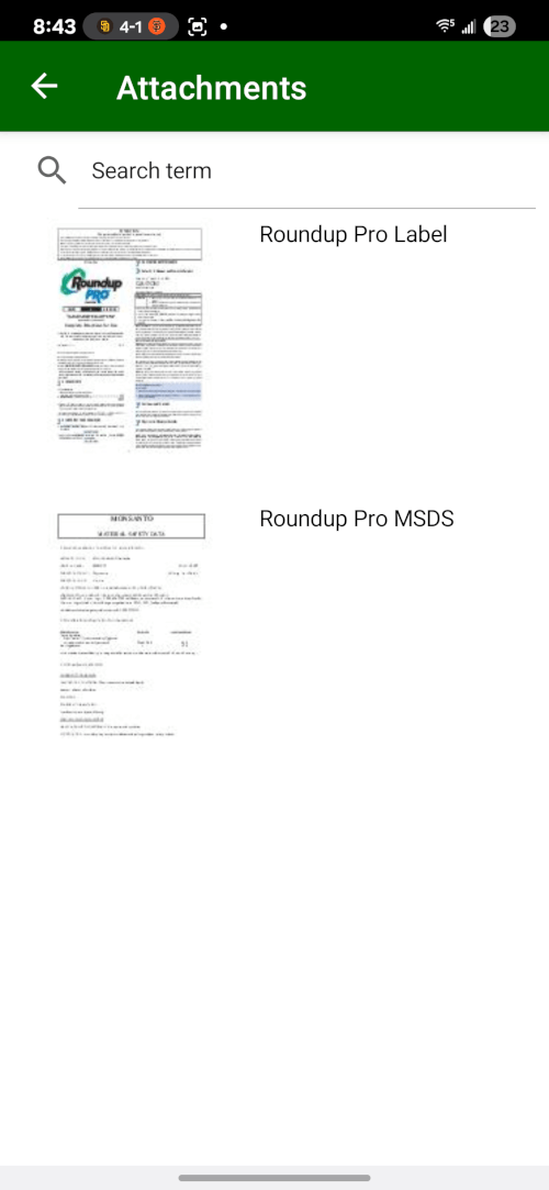 A view of a pesticide Safety Data Sheet (SDS) instantly accessible within the mobile app.