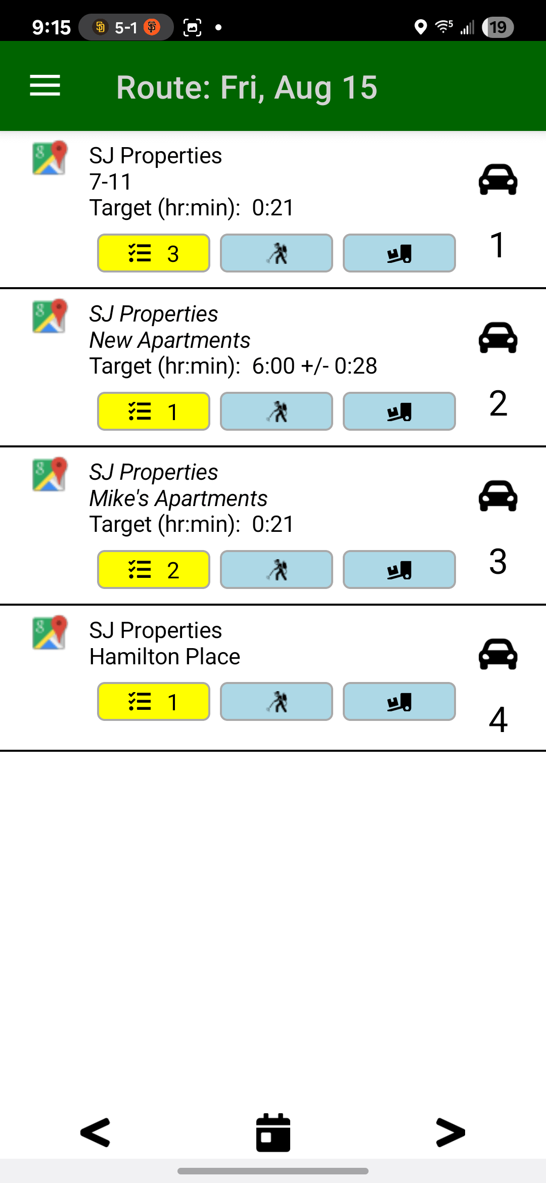 A view of the daily route list on the Field Assistant mobile app.