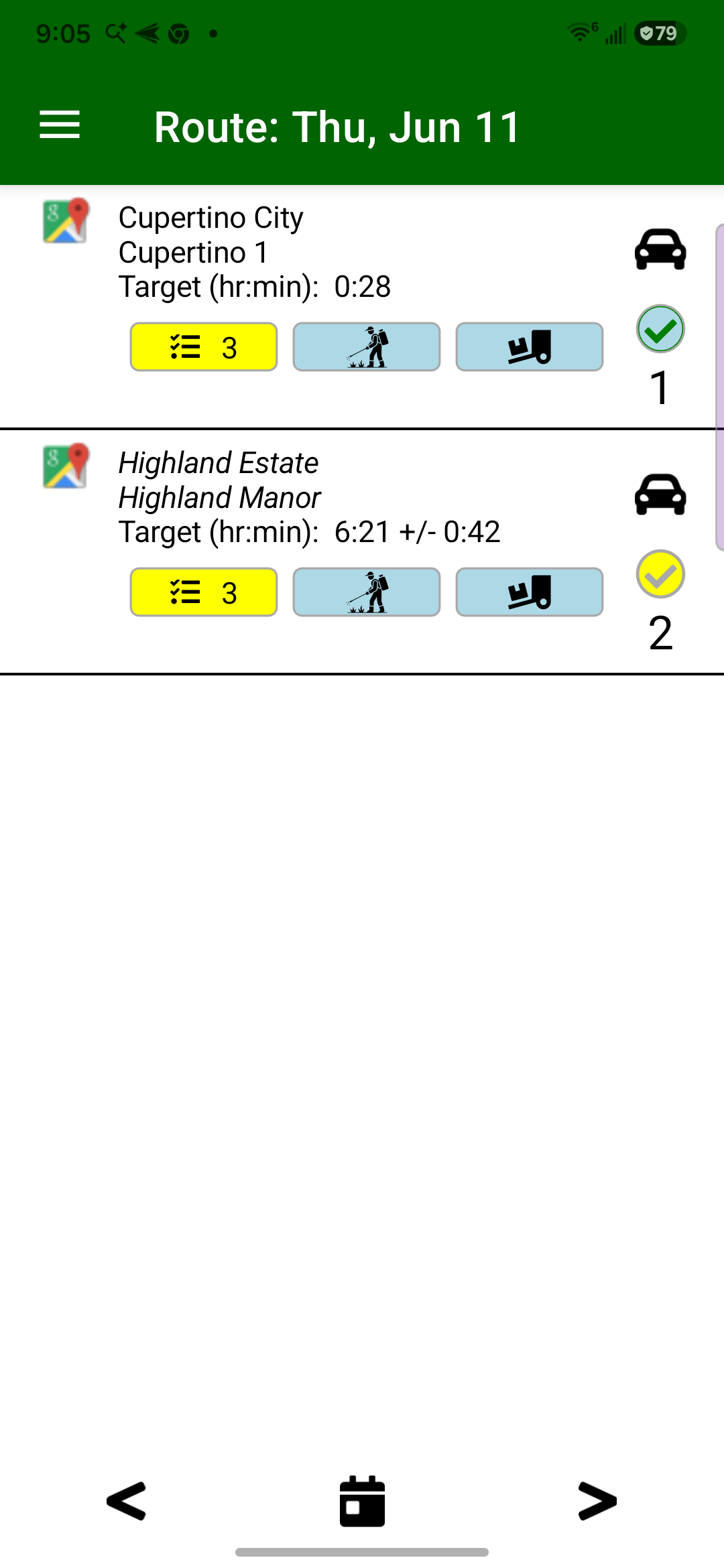 Field Assistant route list showing a recurring mowing visit completed with later service stops still visible.