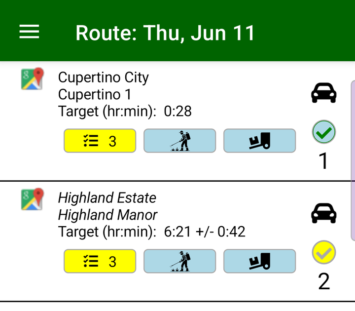 Field Assistant route list used by crews during the workday.