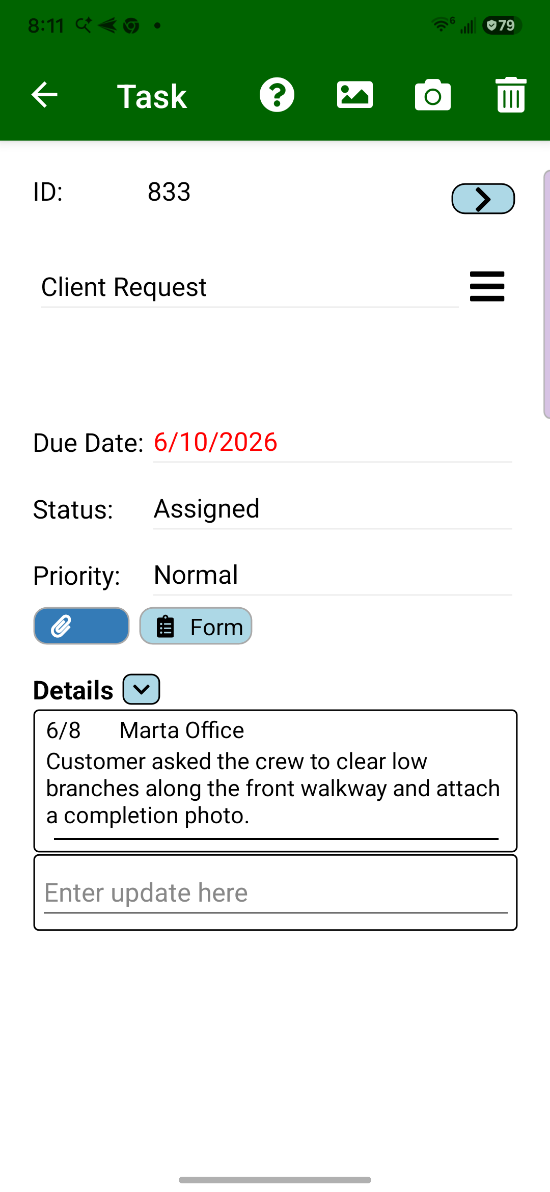 Field Assistant client request task for Oppo HQ with customer, jobsite, due date, status, and office note.