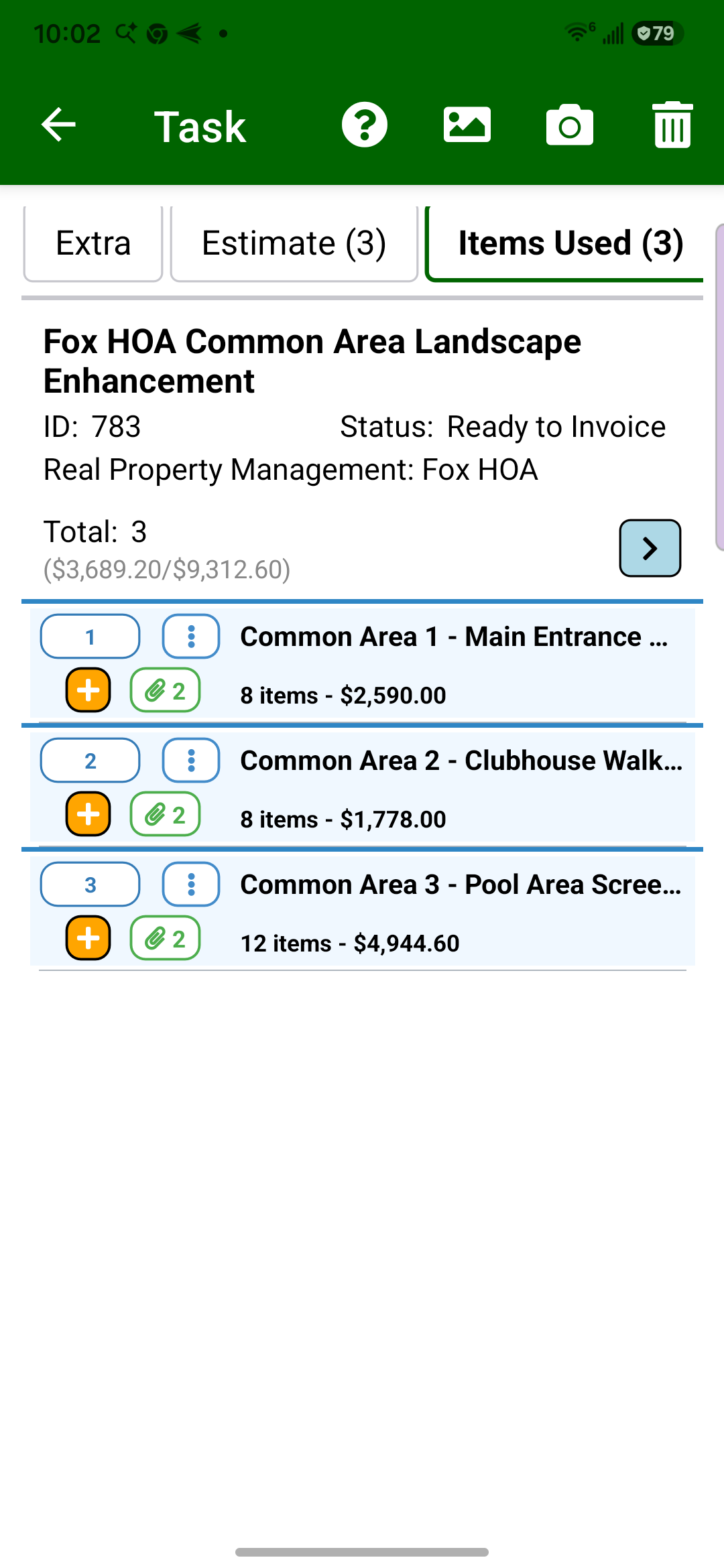Field Assistant enhancement items-used screen with work-area sections, item counts, attachment counts, and totals.