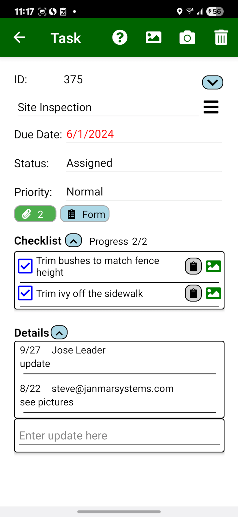 A crew member uses the Field Assistant app to report a broken sprinkler with a photo.