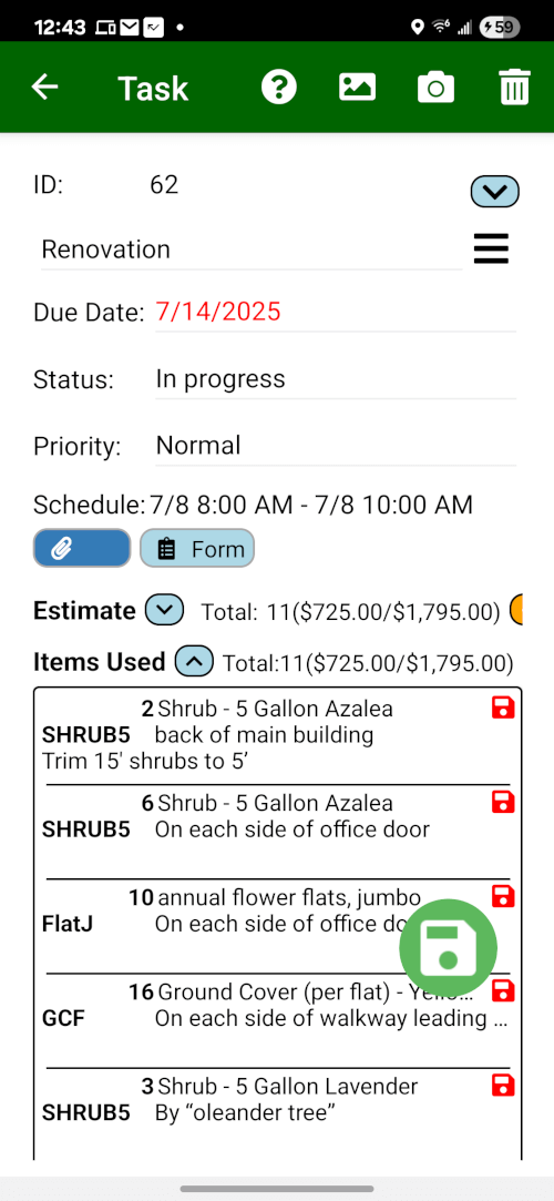 A list of materials used for an invoice