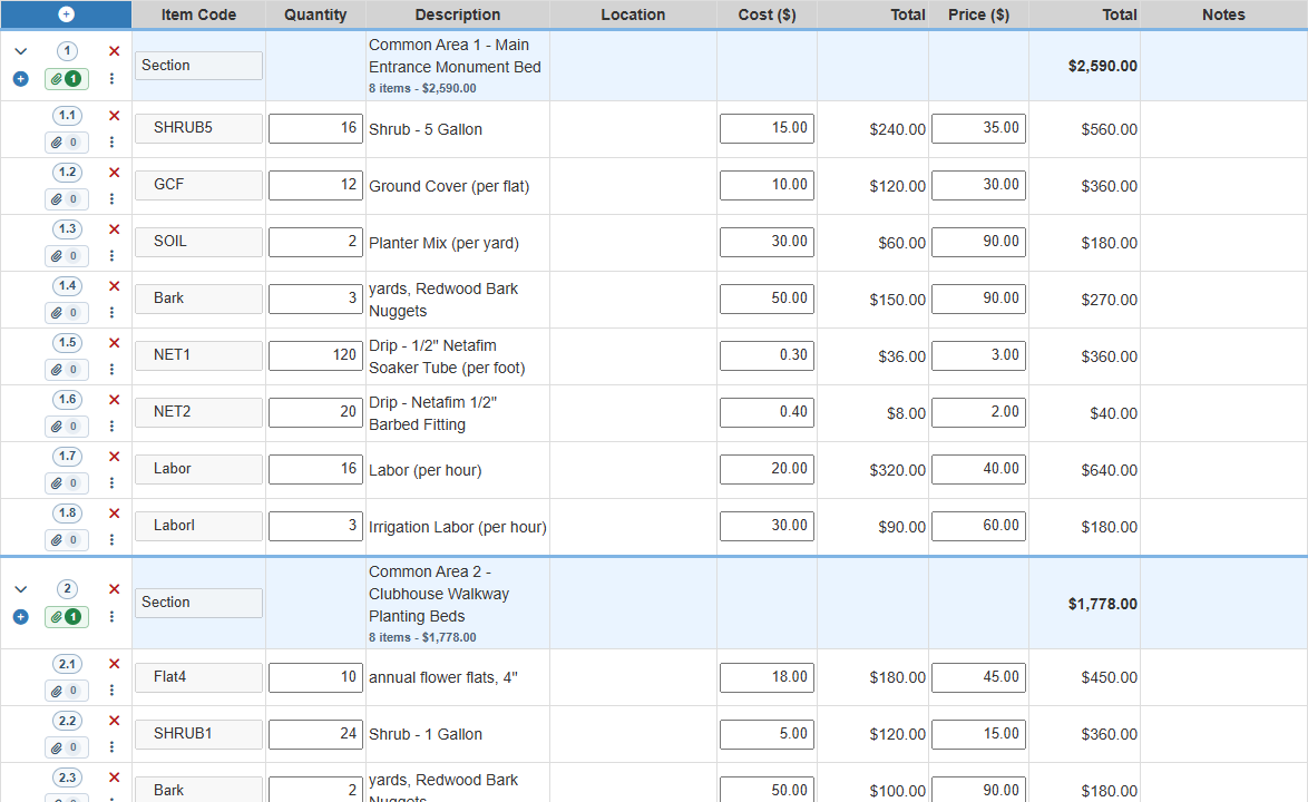 Field Manager enhancement estimate table with landscape plant, material, irrigation, and labor line items.