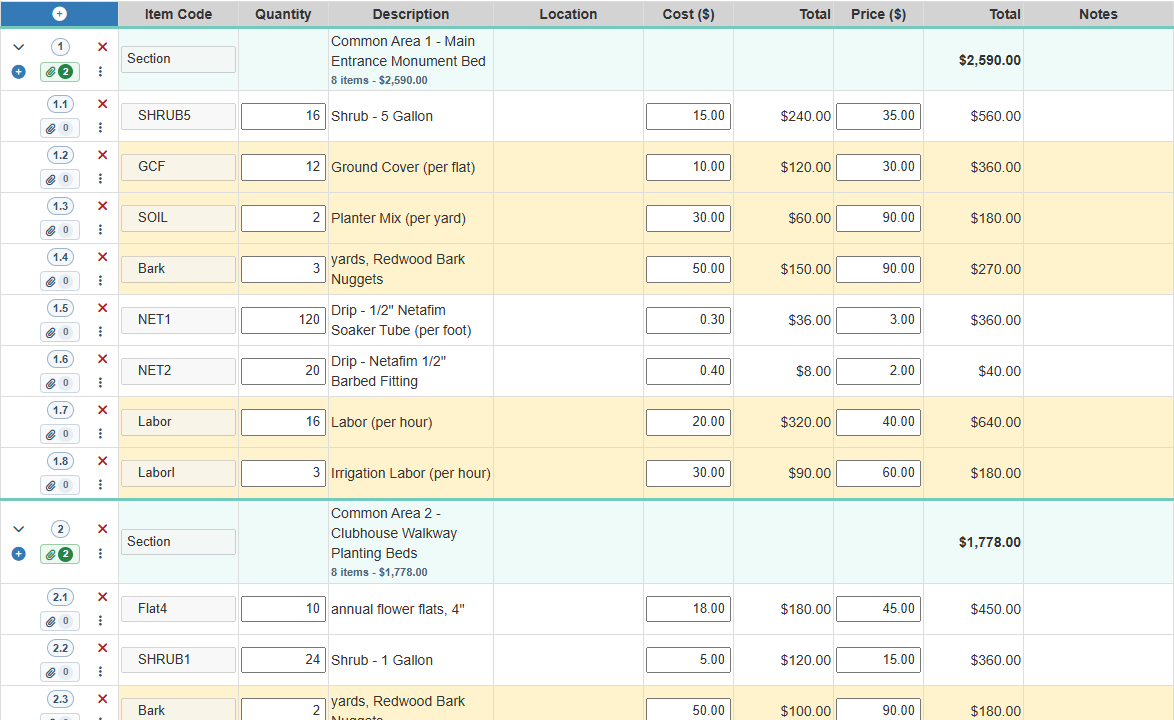 Field Manager materials used table with plants, supplies, irrigation parts, labor, costs, and billable totals.