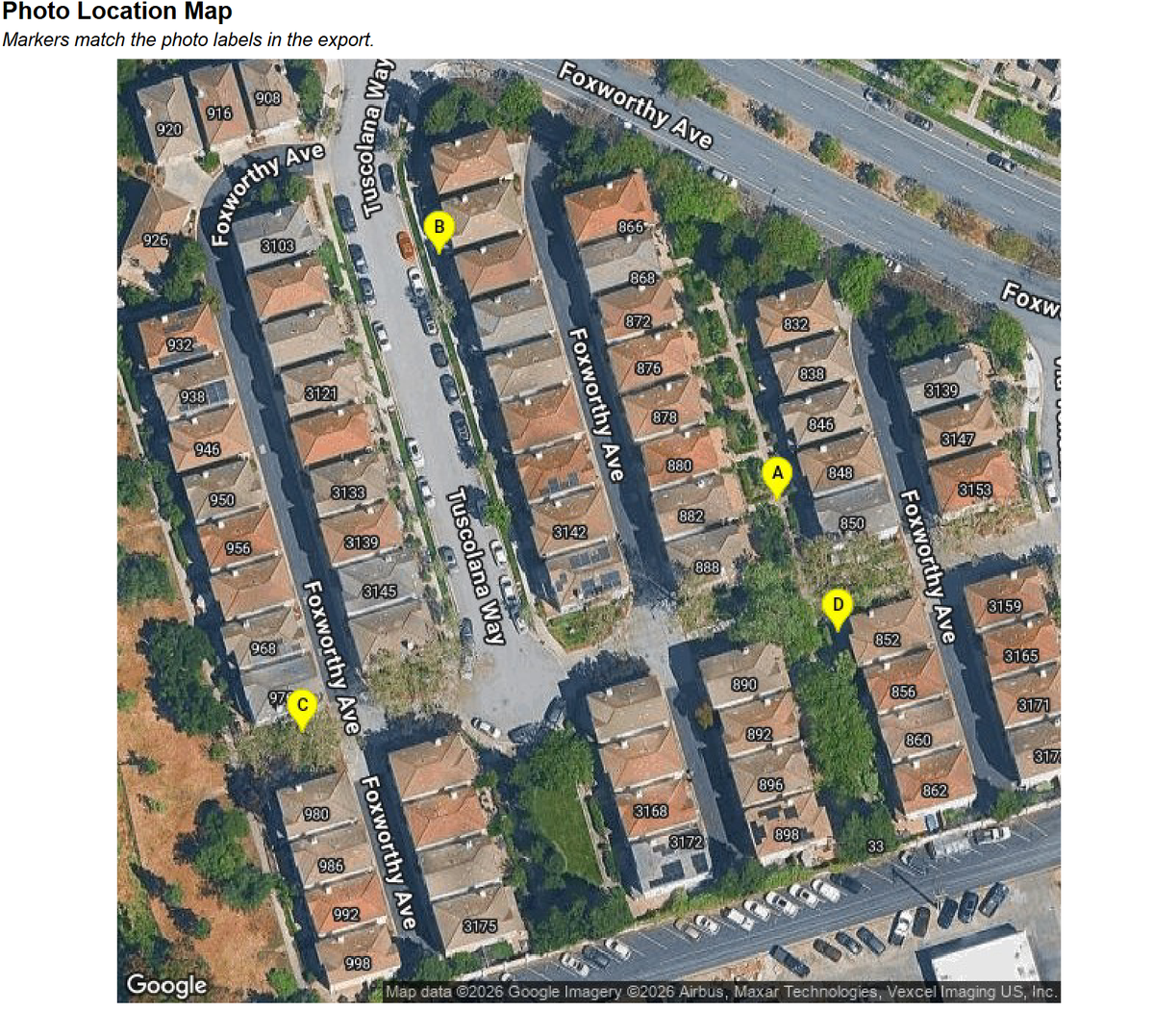 Word estimate photo location map showing Fox HOA irrigation repair photo markers A through D in one map.