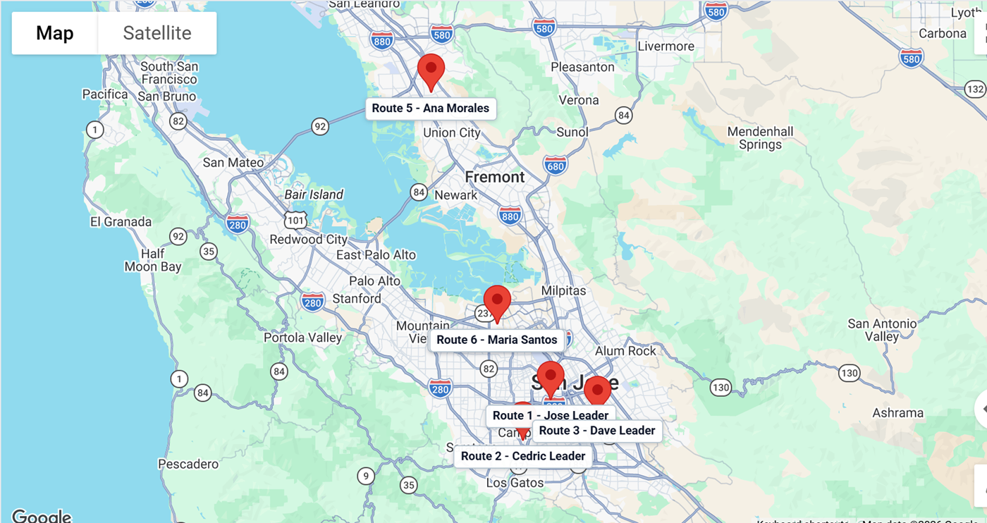 A dashboard showing current GPS locations for landscape maintenance crews.