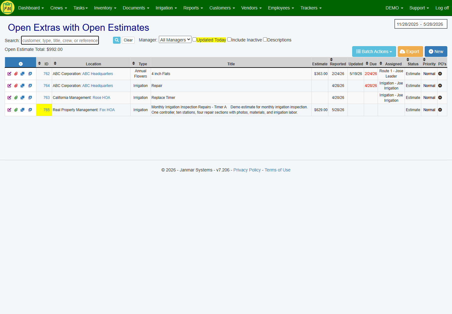 A dashboard view showing a list of all open estimates with their current status