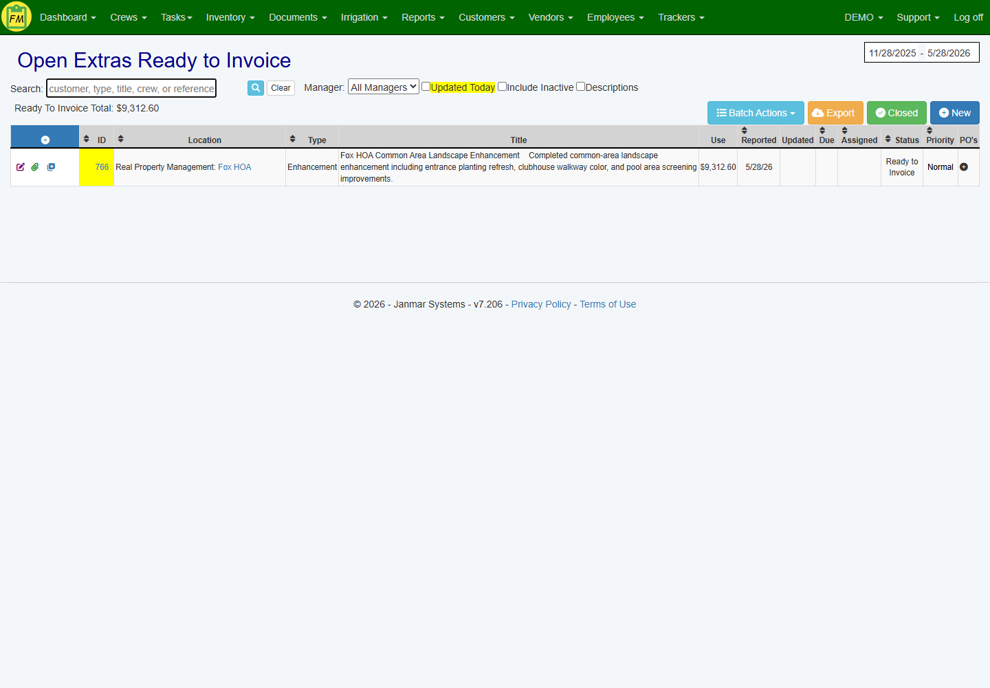 A dashboard showing completed jobs with tracked materials, ready to be invoiced in QuickBooks