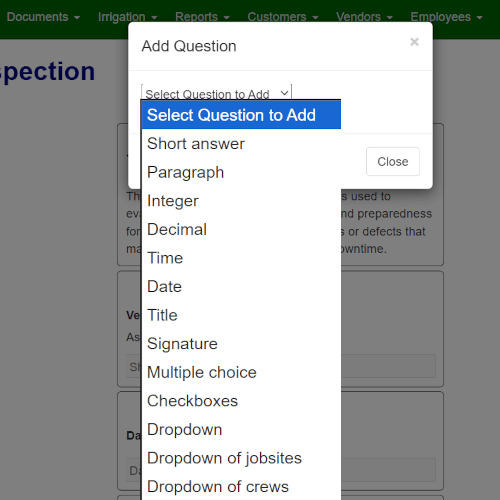 The drag-and-drop digital form builder in Field Service Cloud, showing custom questions and required fields.