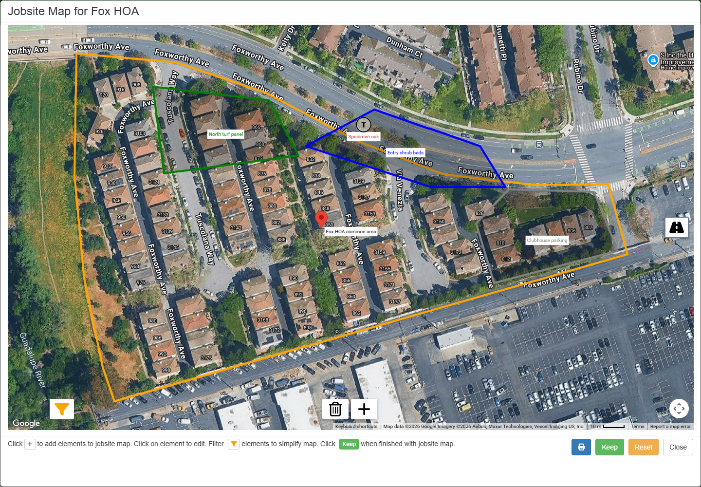 Creating a jobsite map by tracing and defining zones for turf and shrubs.