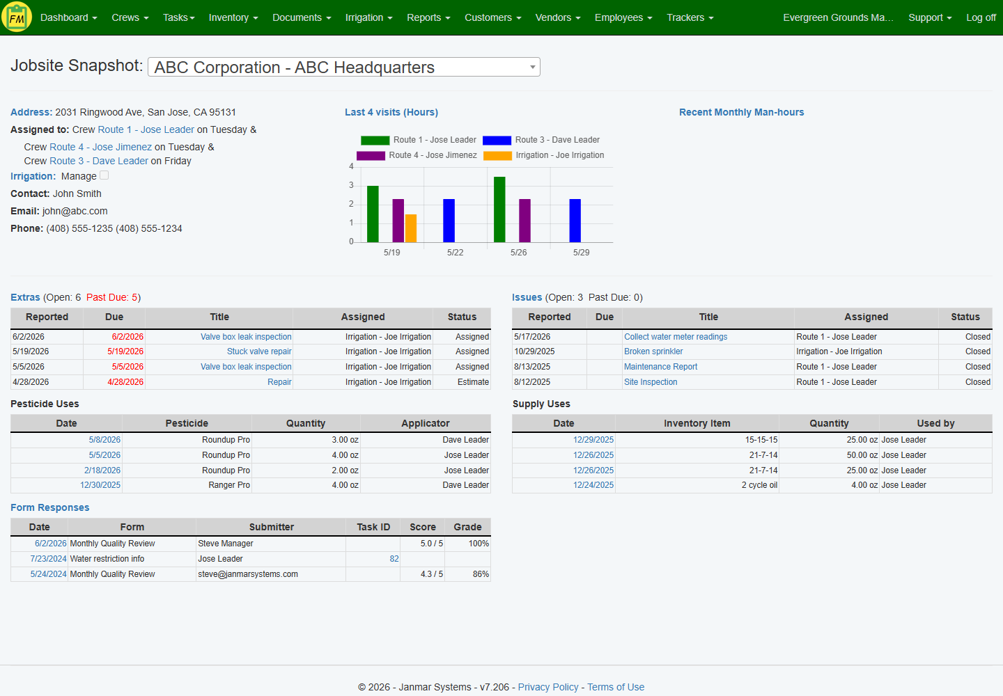 Field Manager Jobsite Snapshot report showing recent visits, follow-up items, pesticide uses, supply uses, and form responses.