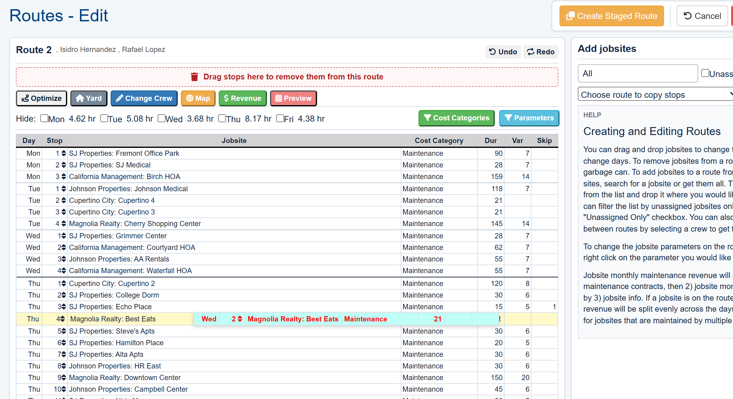 Field Manager route editor showing a jobsite being dragged to change the commercial maintenance route order.