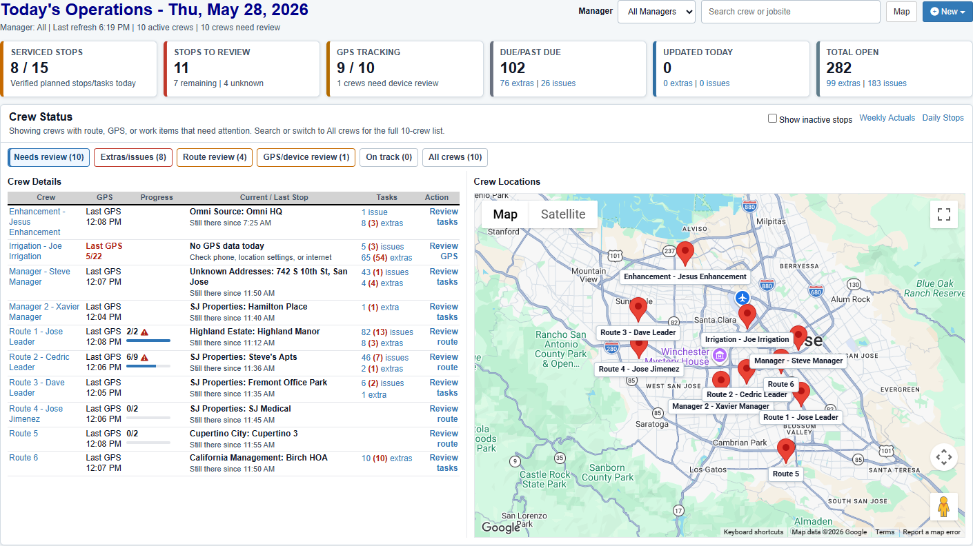 Field Service Cloud dashboard with crew status, work review, and jobsite map.