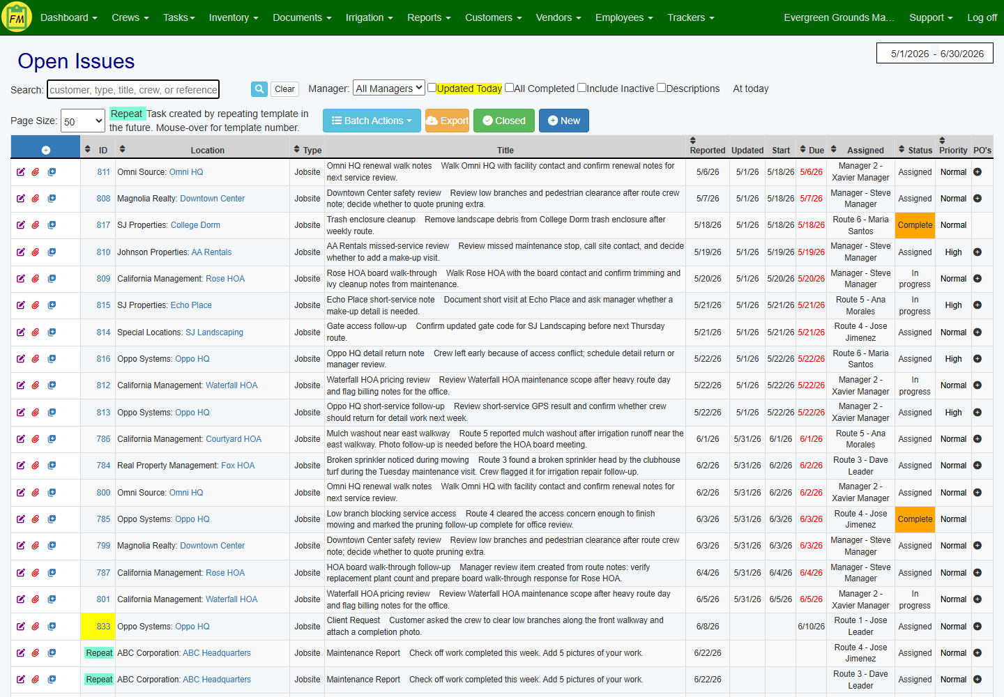 Field Manager task list showing client requests, property issues, due dates, statuses, priorities, and assigned owners.