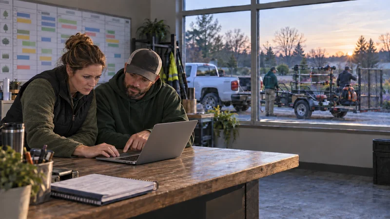 Landscape operations manager and crew leader preparing for the day as crews ready a pickup and equipment trailer outside at dawn.