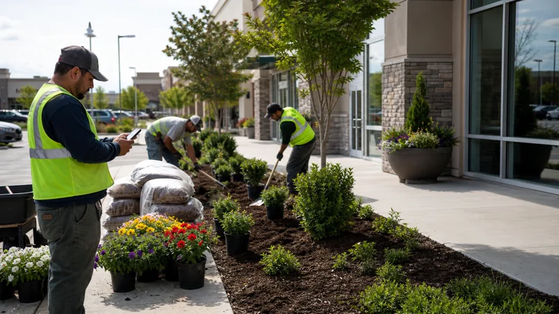 Commercial landscape enhancement crew installing plants and mulch near a business entrance.