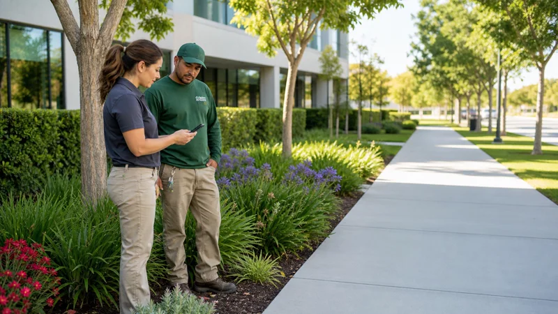 Landscape account manager reviewing a customer request with a crew member at a commercial property.