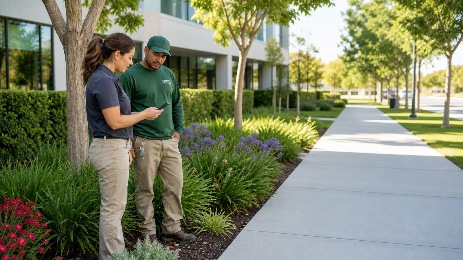 Landscape account manager reviewing a customer request with a crew member at a commercial property.