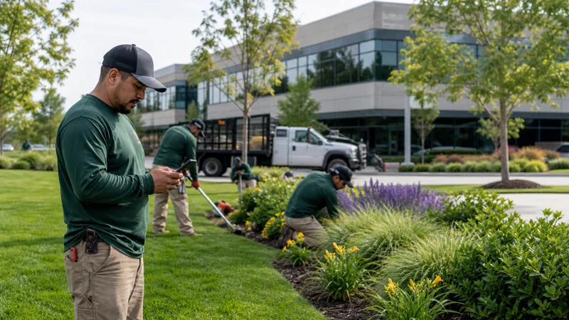 Commercial landscape maintenance crew working at an office park while a crew lead checks Field Assistant.