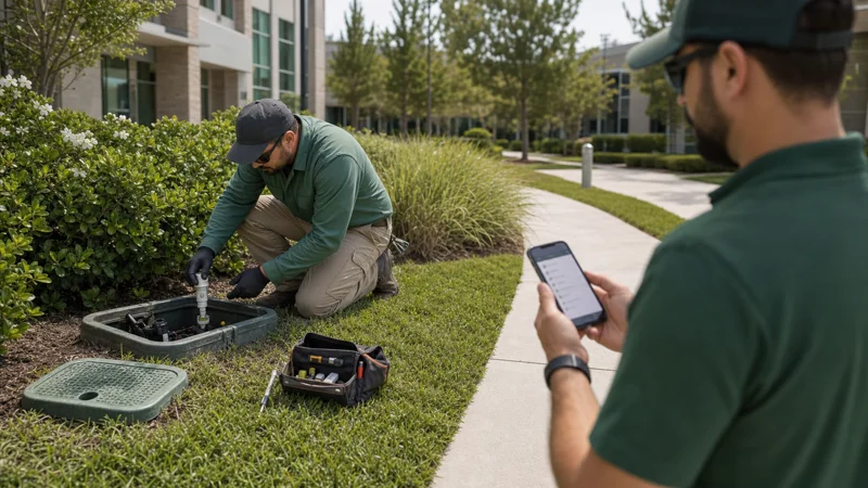 Commercial irrigation technician checking a valve box while a team member reviews field information on a phone.