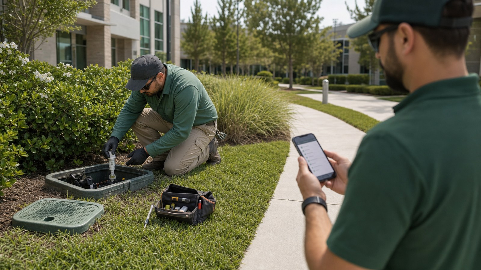 Commercial irrigation technician checking a valve box while a team member reviews field information on a phone.