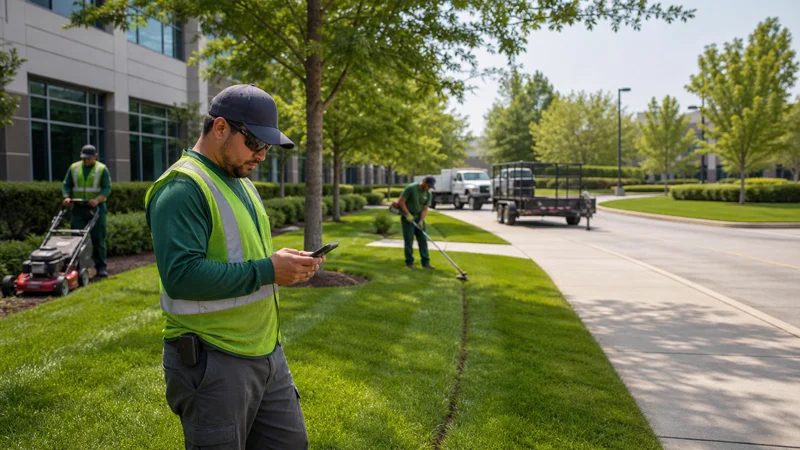 Commercial mowing crew completing recurring landscape maintenance at an office park.