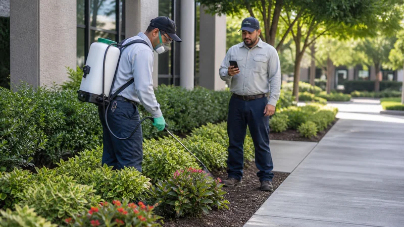Commercial landscape pesticide applicator working carefully near an office property landscape bed.