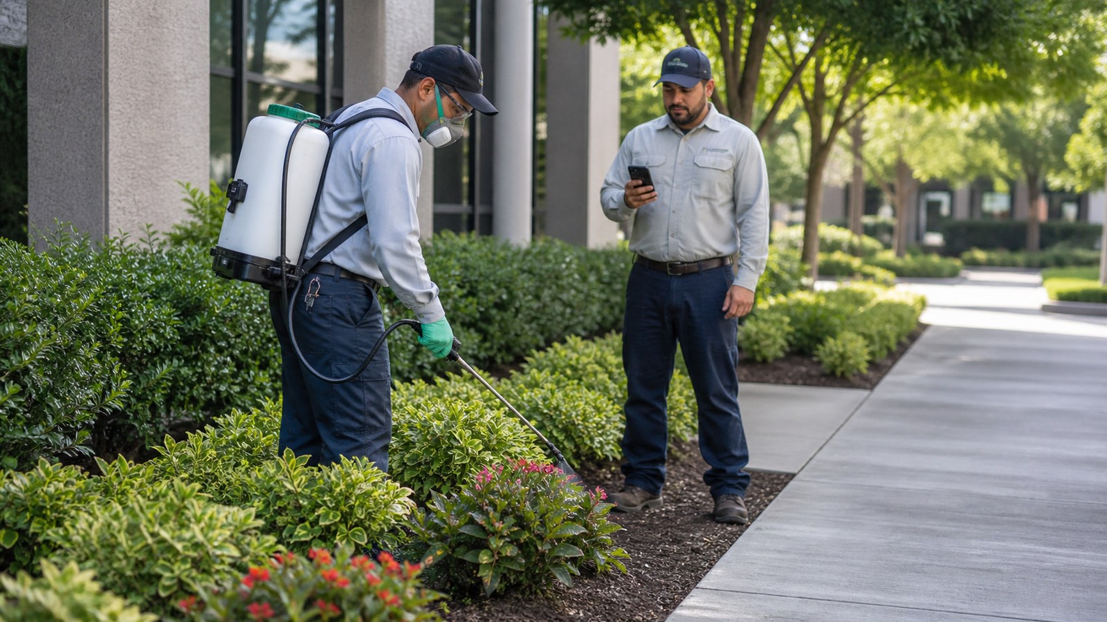 Commercial landscape pesticide applicator working carefully near an office property landscape bed.