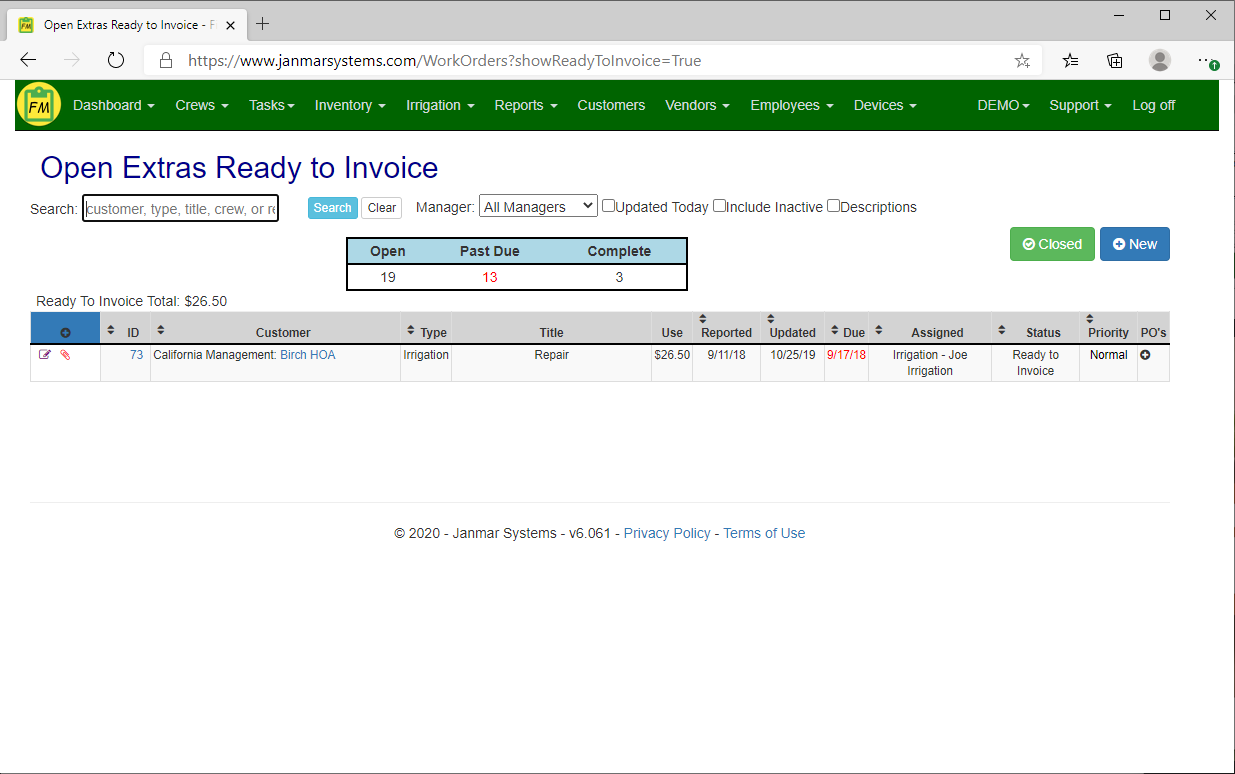 Track jobs completed and ready to be invoiced.  Create invoices in QuickBooks.