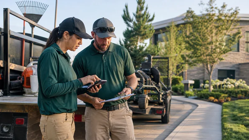 Landscape crew checking a phone and clipboard to clarify job notes, route changes, and next stops.