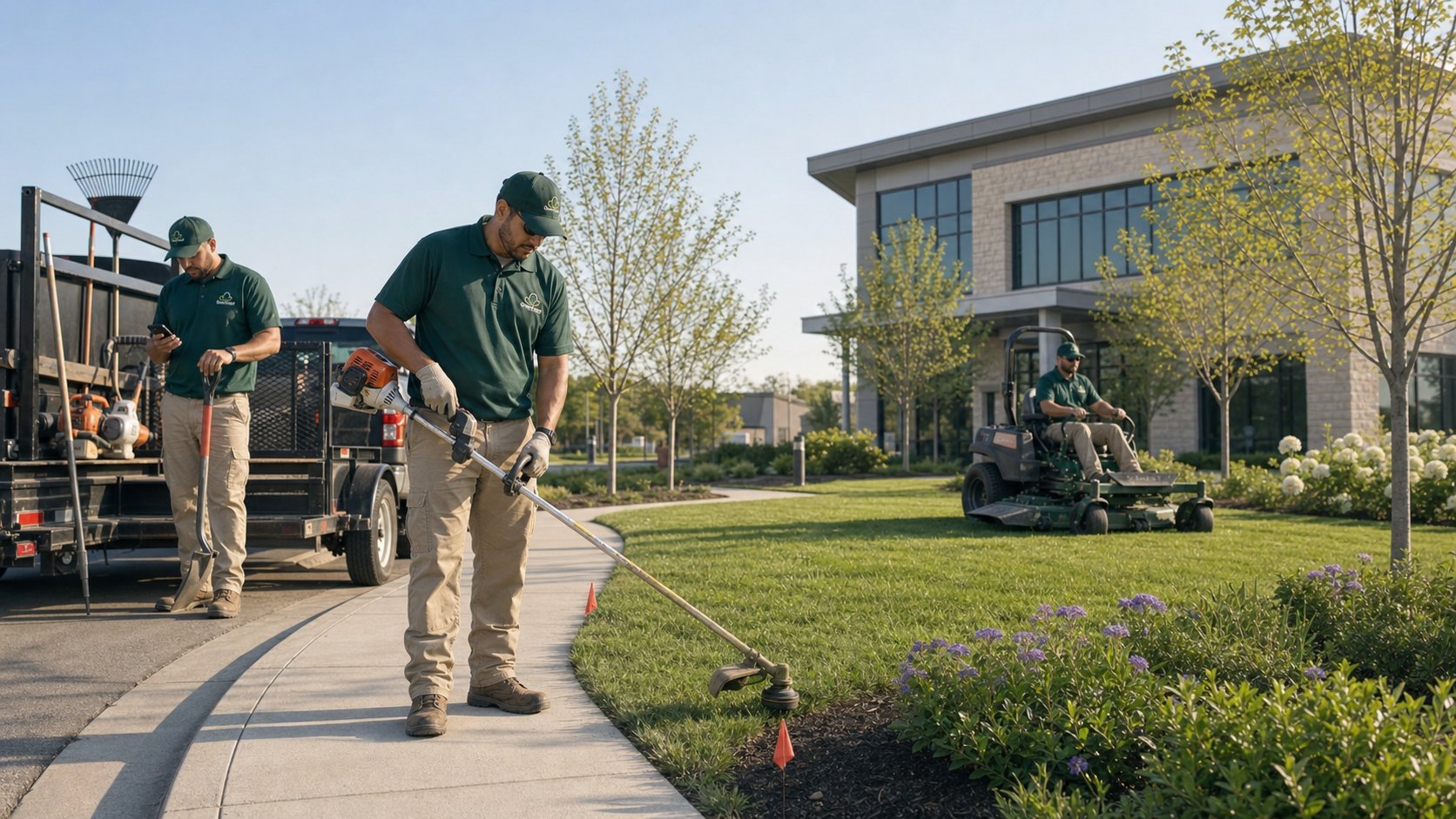 Commercial landscape maintenance crew servicing a property while a crew leader checks field information on a phone.