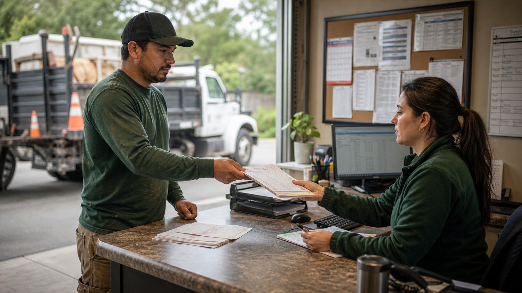 A field supervisor handing completed job paperwork to the office.