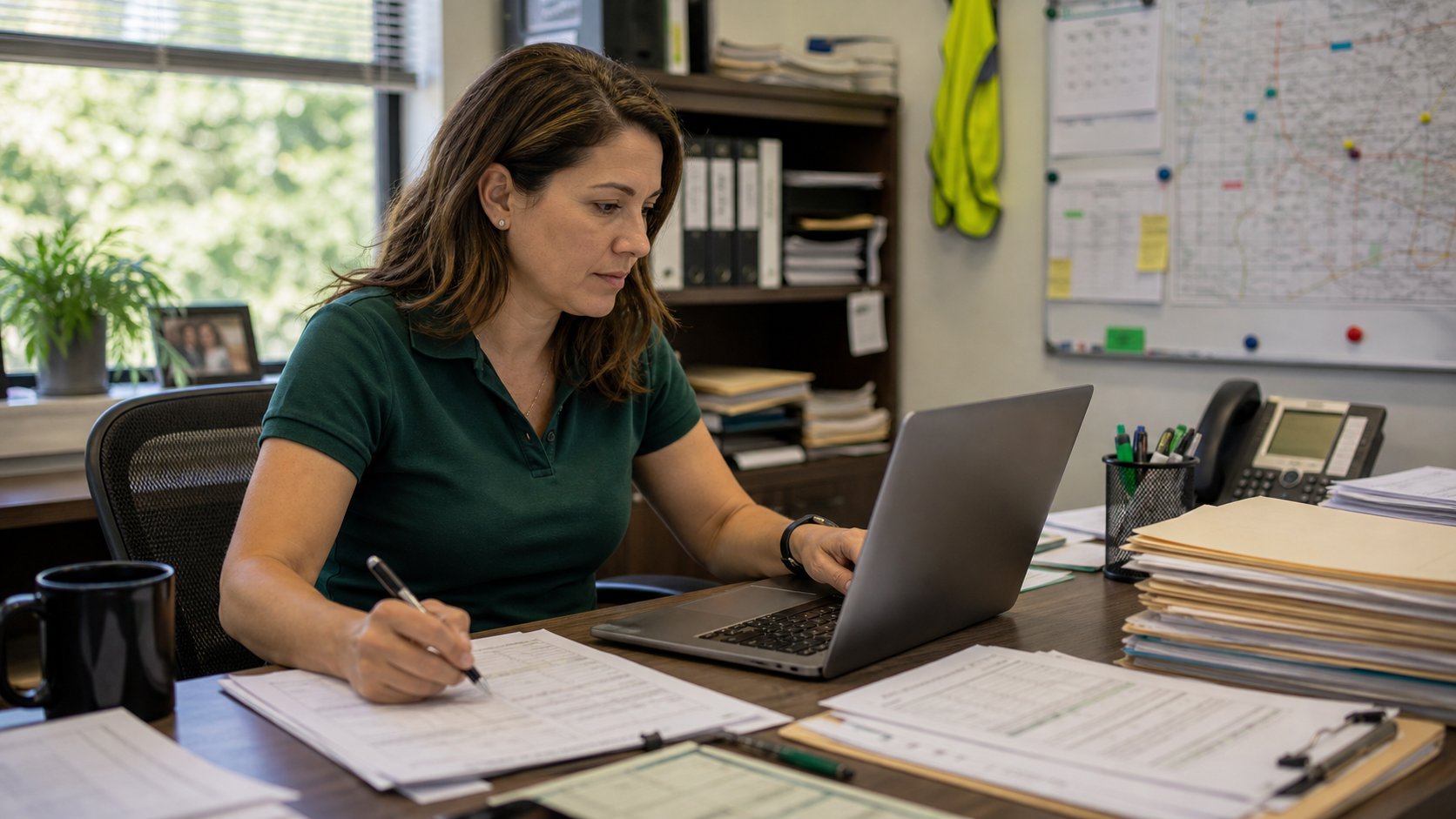 A landscape office manager entering job paperwork into a laptop.