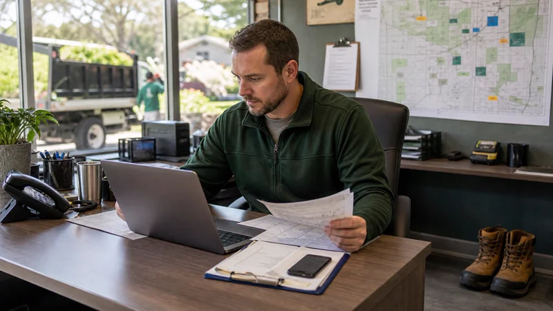 Landscape business owner trying to confirm job status, crew progress, and field updates from the office.