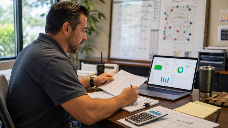 Landscape business owner reviewing service, labor, billing, and growth opportunities.