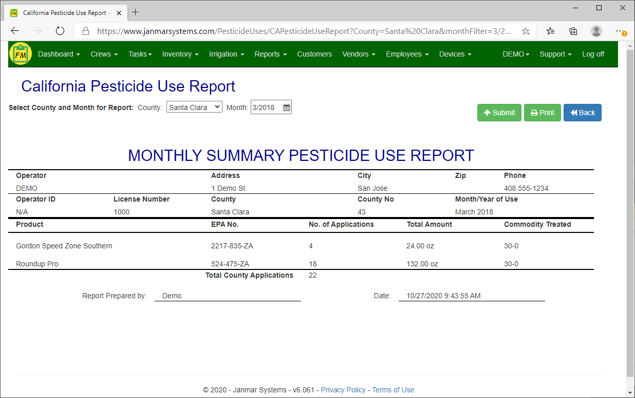 Submit California Monthly Summary Pesticide Use Reports directly to county