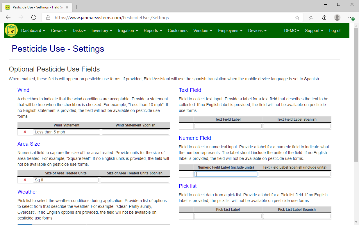 Customize form for collecting pesticide uses