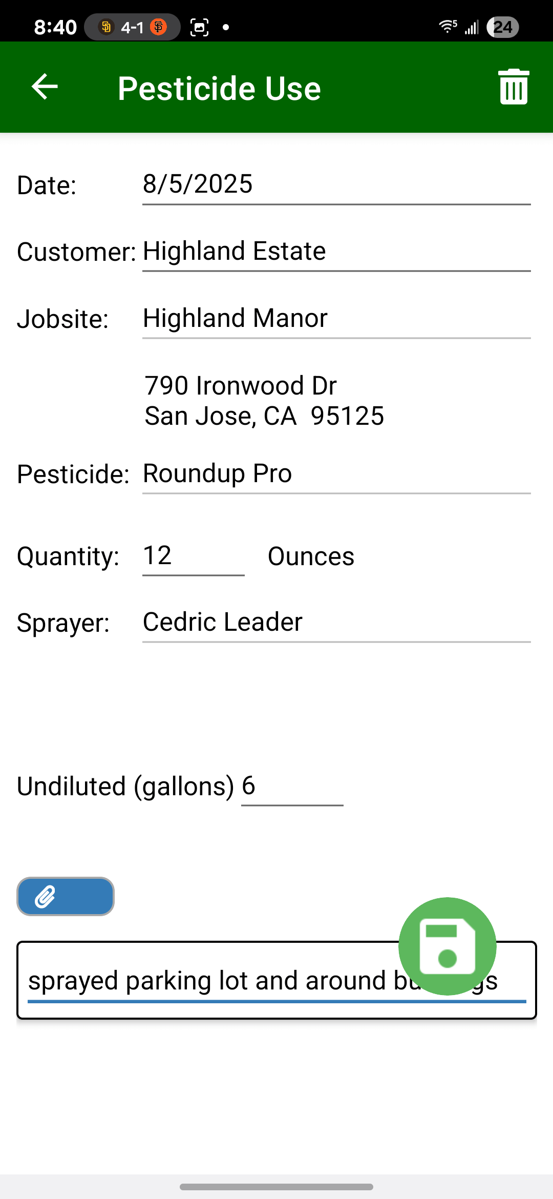 Field Assistant mobile app with pesticide use form.