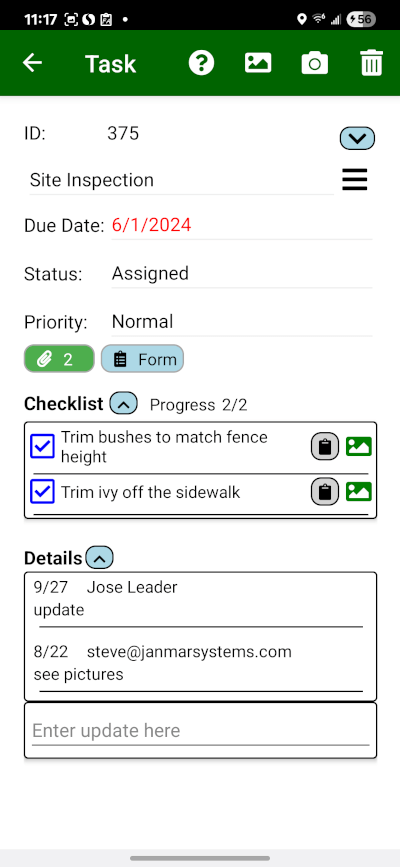 Field Assistant mobile site inspection task.