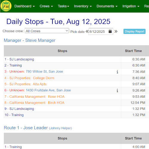 A report showing a detailed log of all stops a landscape crew made during the day.