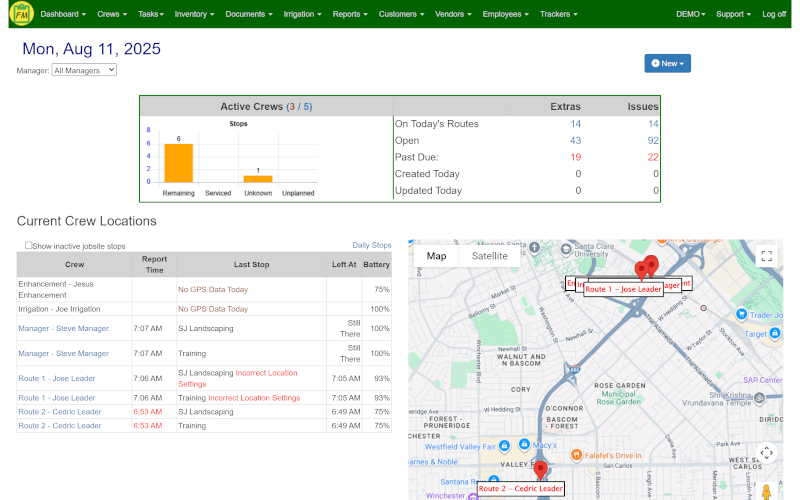 A dashboard showing the real-time GPS locations of all landscape maintenance crews.