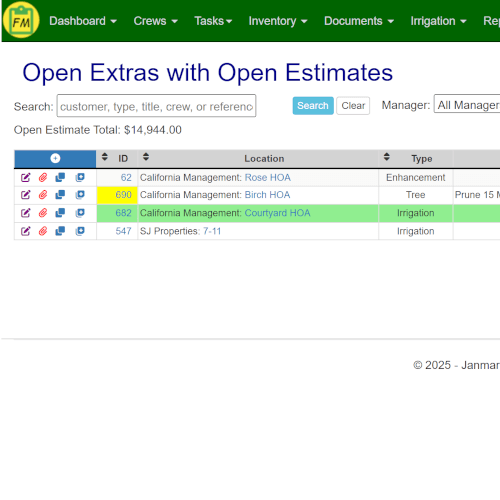 A dashboard view showing a list of all open estimates with their current status