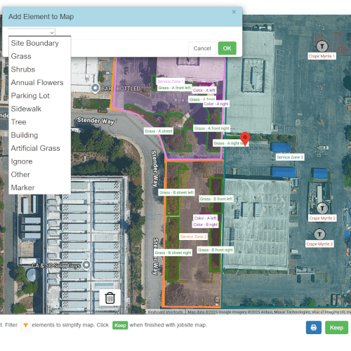 Creating a jobsite map by tracing and defining zones for turf and shrubs.
