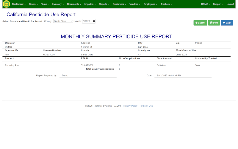 Field Service Cloud submitting Monthly Summary of Pesticide Use.